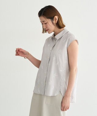 YECCA VECCA ストライプ柄フラワー刺繍シャツ Beige