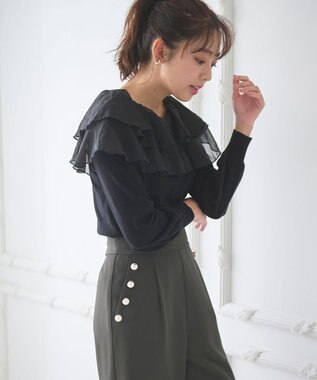 Feroux 【洗える】ラッフルコンビ ニット ブラック系