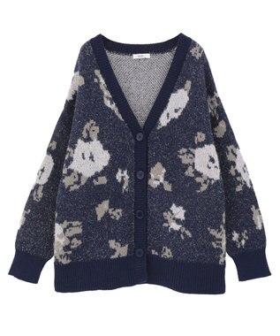 earth music&ecology フラワージャガードラメシャギーカーディガン Navy