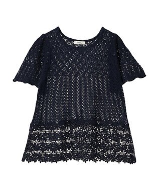 earth music&ecology 裾レース透かしニットプルオーバー Navy