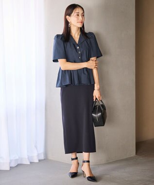 #Newans 【セレモニーにも】オープンカラーペプラムブラウス ネイビー