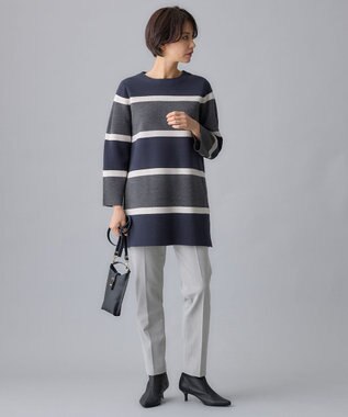 自由区 L 【セットアップ対応・洗える】ウールミラノボーダーチュニック丈 ニット グレー×シャンパンベージュ×ネイビー