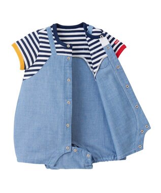 MIKI HOUSE HOT BISCUITS 【70-80cm】 ボーダー オーバーオール風 ショートオール ブルー