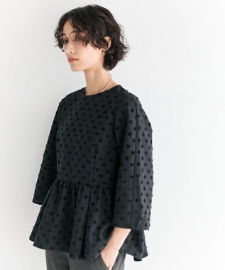 #Newans 【洗濯機可】ジャガ―ドドットペプラムブラウス ブラック