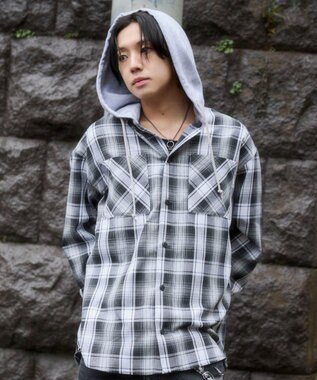WEGO 【ユニセックス着用ITEM/MLサイズ展開】オンブレチェックフードシャツ（LS） ブラックチェック1