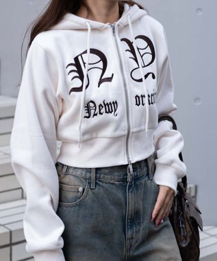 WEGO グラフィック裏起毛ショートZIPパーカー ホワイトアイボリー