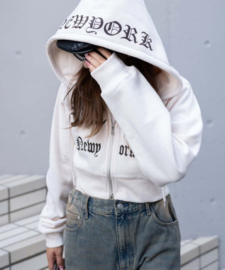 WEGO グラフィック裏起毛ショートZIPパーカー ホワイトアイボリー