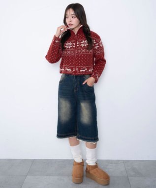 WEGO ユキガラダブルジップカーデ レッド