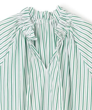 UNFILO フリルネック ブラウス グリーンストライプ