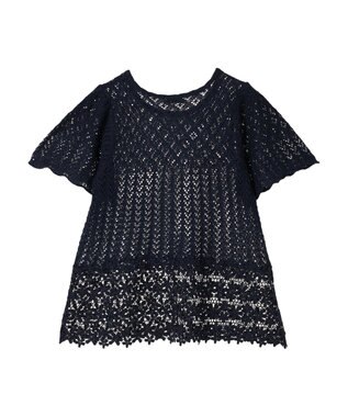 earth music&ecology 裾レース透かしニットプルオーバー Navy