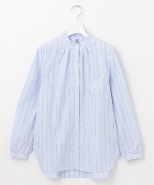 J.PRESS LADIES 【洗える】ランダムストライプ フリルネック ブラウス サックスブルー系1