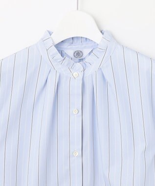 J.PRESS LADIES 【洗える】ランダムストライプ フリルネック ブラウス サックスブルー系1