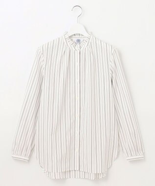 J.PRESS LADIES 【洗える】ランダムストライプ フリルネック ブラウス ホワイト系1