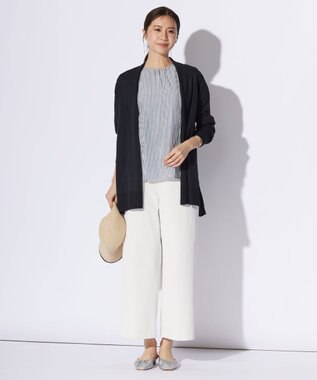 J.PRESS LADIES S 【洗える】コットンアセVis ストライプ クルーネック ブラウス ネイビー系1