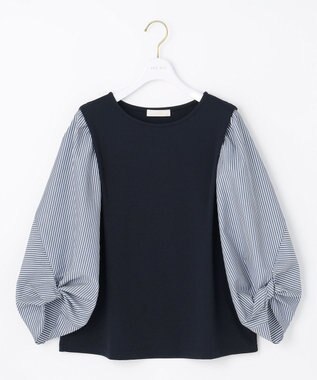 ANY SIS 【洗える】異素材コンビネジリパフ袖 プルオーバー ネイビー×ネイビーストライプ