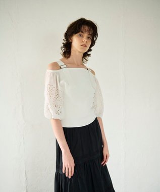 GRACE CONTINENTAL 刺繍パフスリーブニットトップ ホワイト