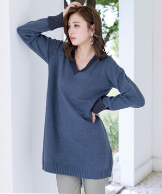 Tiaclasse 【洗える】Vネックリブニットチュニック ブルーチャコール