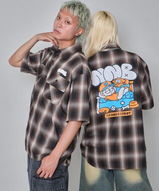 WEGO 【ユニセックス着用ITEM/MLサイズ展開】イラストオンブレチェックシャツ（SS） ブラウンチェック1