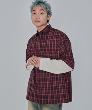 WEGO 【ユニセックス着用ITEM/MLサイズ展開】チェックレイヤードシャツ（LS） レッドチェック1