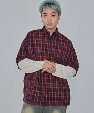 WEGO 【ユニセックス着用ITEM/MLサイズ展開】チェックレイヤードシャツ（LS） レッドチェック1