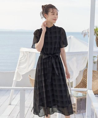 Tiaclasse L 【新色追加・洗える】チェック柄フレア袖シアーワンピース ブラック