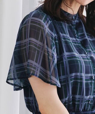 Tiaclasse 【新色追加・洗える】チェック柄フレア袖シアーワンピース ネイビー