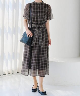 Tiaclasse L 【新色追加・洗える】チェック柄フレア袖シアーワンピース チャコールグレー