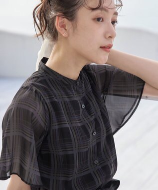 Tiaclasse 【新色追加・洗える】チェック柄フレア袖シアーワンピース ブラック