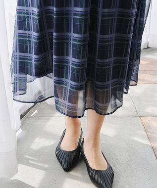 Tiaclasse 【新色追加・洗える】チェック柄フレア袖シアーワンピース ネイビー