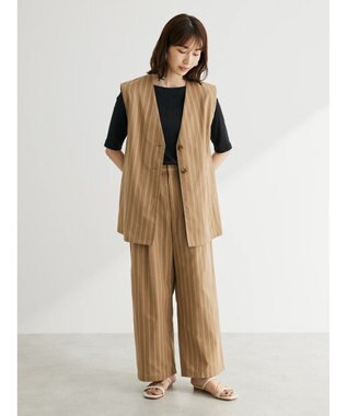 Green Parks 綿麻混タックストレートワイドパンツ Stripe