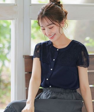 Tiaclasse L 【洗える】フレンチスリーブレースブラウス ネイビー