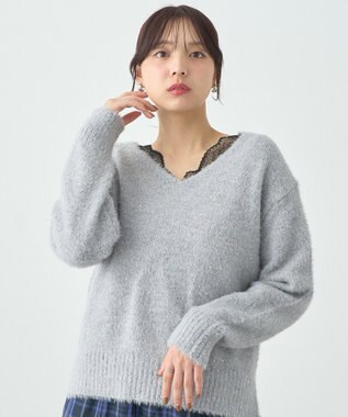 earth music&ecology スパンコールシャギーＶネックプルオーバー Gray
