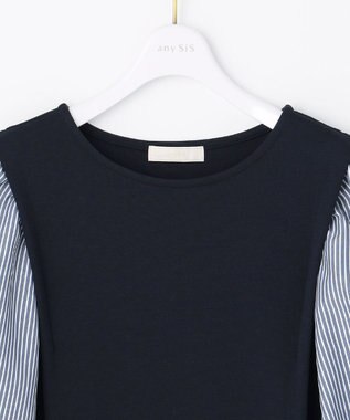 ANY SIS 【洗える】異素材コンビネジリパフ袖 プルオーバー ネイビー×ネイビーストライプ