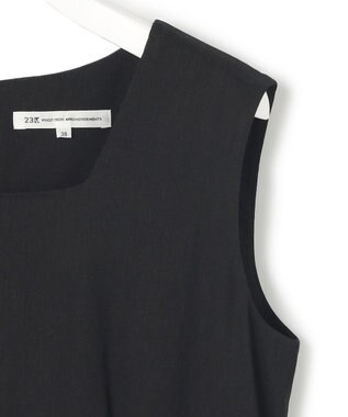 23区 S 【洗える】リネンレーヨンストレッチ スクエアネック オールインワン ブラック系