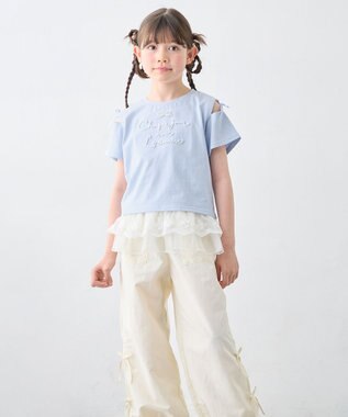 ANY KIDS 【洗濯機可能】肩あき ロゴ刺繍Tシャツ サックスブルー