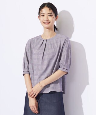 J.PRESS LADIES L チェックジャージー カットソー パープル×ホワイト系