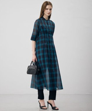ICB L 【先行予約】ハイツイストシアーチェック シャツワンピース ネイビー×セルリアン