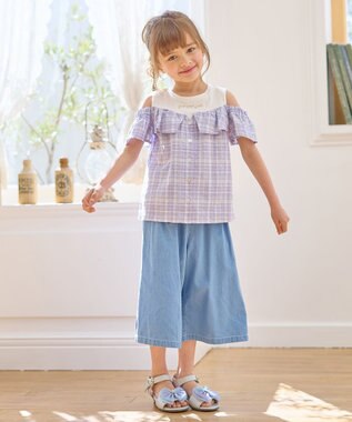 ANY KIDS オフショルダー フリル ブラウス ラベンダー系チェック