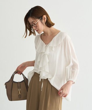YECCA VECCA ラッフルリボンシアーブラウス Off White