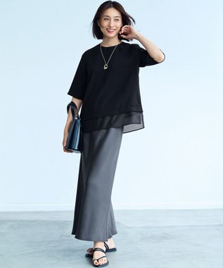 23区 【吸水速乾/UVカット/接触冷感】ストレッチジョーゼット シアーコンビ カットソー ブラック系