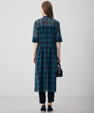 ICB L 【先行予約】ハイツイストシアーチェック シャツワンピース ネイビー×セルリアン