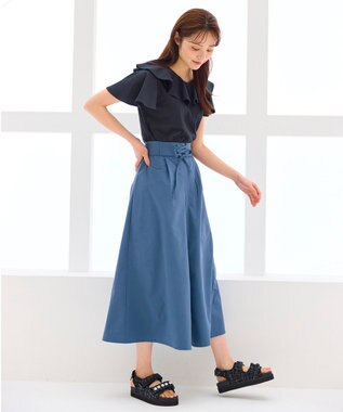 Feroux 【洗える・汗ジミが目立たない】ラッフル襟Tシャツ ブラック系