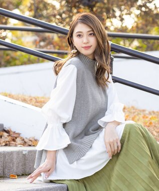 Tiaclasse L 【洗える】着回し自在のニットベスト＆フレア袖チュニックセット グレー