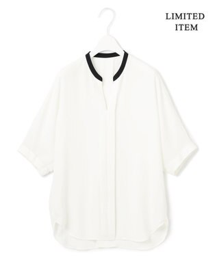 ICB 【人気のため新色追加・WEB限定・接触冷感・UVケア・速乾・洗える】BackSatinAmunzen 5分袖キーネックブラウス オフホワイト×ブラック系