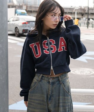 WEGO グラフィックショートZIPパーカー ネイビー