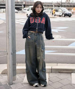 WEGO グラフィックショートZIPパーカー ネイビー