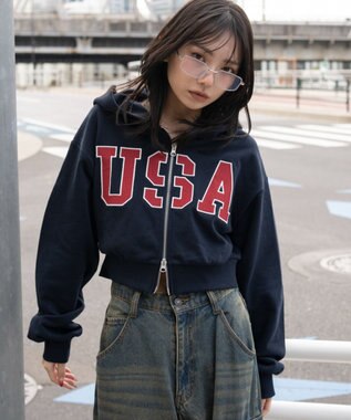 WEGO グラフィックショートZIPパーカー ネイビー