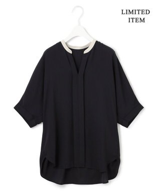 ICB 【人気のため新色追加・WEB限定・接触冷感・UVケア・速乾・洗える】BackSatinAmunzen 5分袖キーネックブラウス ブラック×トープ系