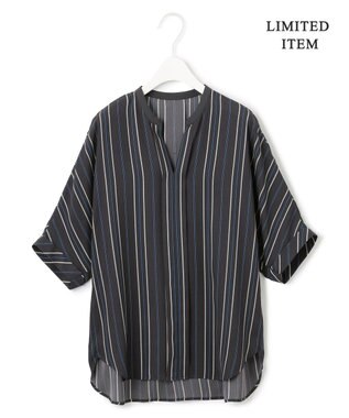 ICB 【人気のため新色追加・WEB限定・接触冷感・UVケア・速乾・洗える】BackSatinAmunzen 5分袖キーネックブラウス グレーストライプ系