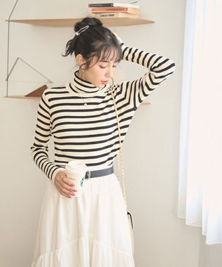 WEGO 【手洗い可】タートルネックニット ホワイトボーダー